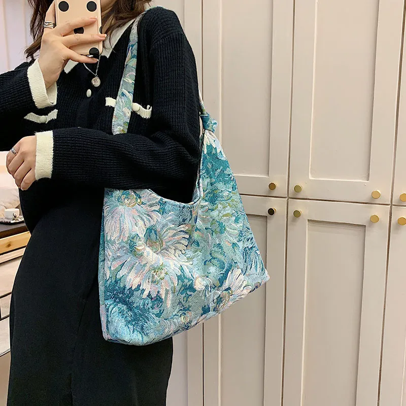 

2022 new spring autum Shoulder Flowers Print Canvas Capacity Handbag Totes Female Fashion Shopping Bags For Women Oil Painting