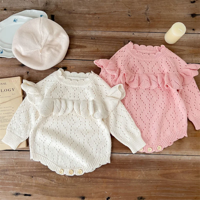 

New 2022 Autumn Winter Baby Girls Thick Warm Ruffled Knitted Romper Candy Color Sweaters Tops Korean Style Infant Baby Clothing
