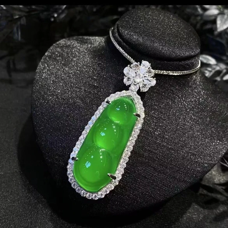 

Natural 925 Silver Inlaid with Sun Green Chalcedony Fudou Pendant White Ice Agate Women's Jade Necklace Exquisite Luxury Jewelry