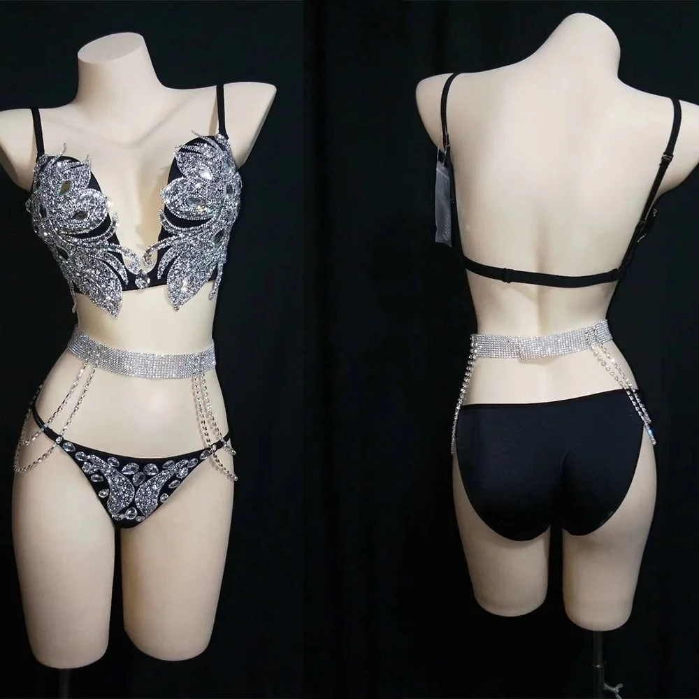 

Блестящие стразы с бисером на тонких бретельках, сексуальные женские черные бикини, танцевальный костюм на шесте, одежда для бара, ночного клуба, диджея, вечеринки
