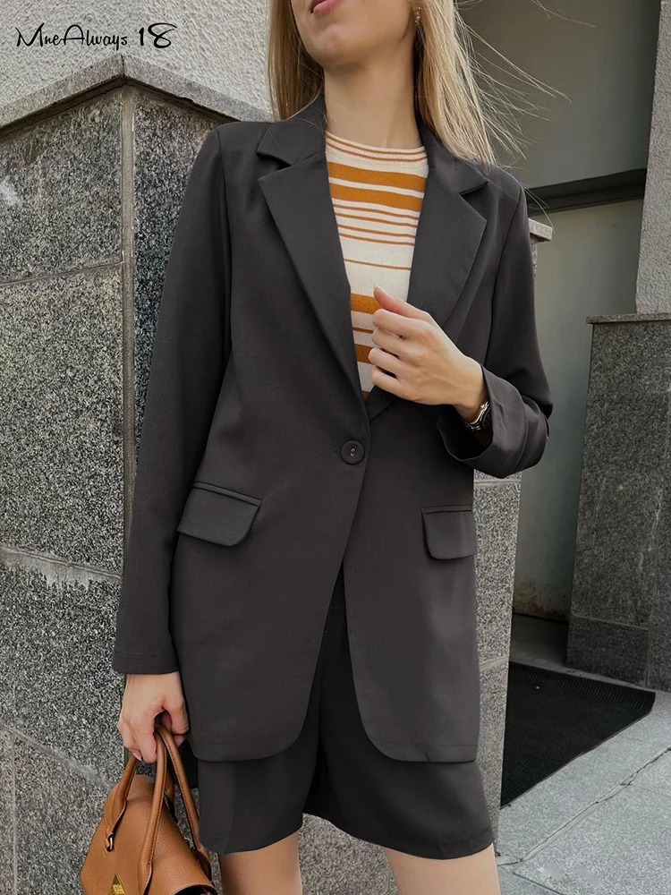 

Mnealways18 Gray Blazers Suits Womens Two Pieces Office Wide Legs Shorts Business 2-Piece Sets Ladies Baggy Shorts Autumn 2023