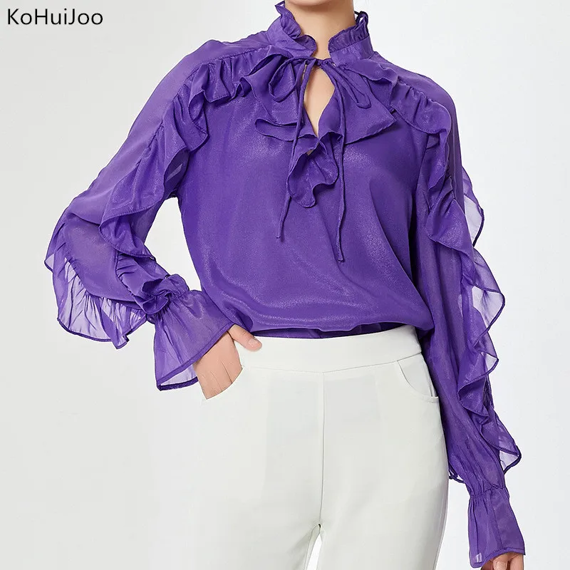 

KoHuiJoo Chiffon Blouse Women 2022 Korean Slim Long Sleeve Temperament Formal Woman Shirt Ruffle Elegant Fashion Tops