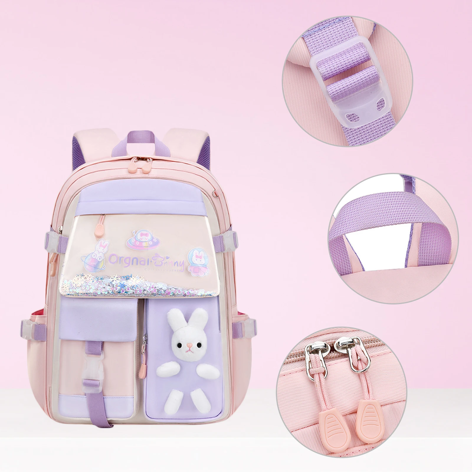 

Children Girl's Cute School Bags Plush Rabbit Sequin Quicksand Large Capacity Waterproof Backpacks