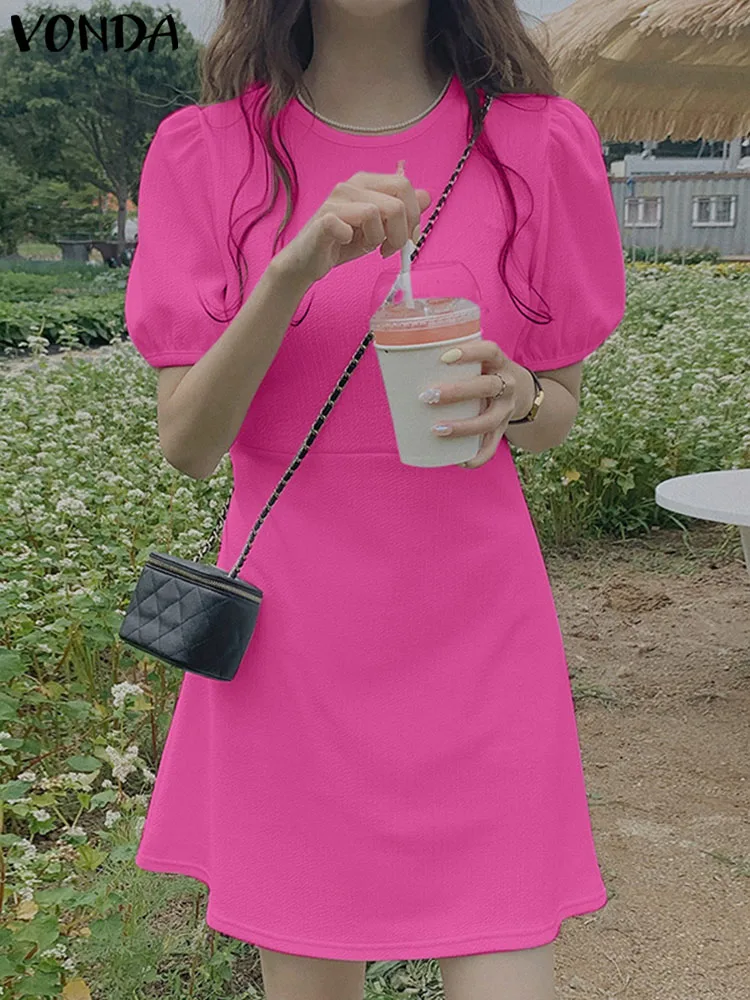 

Платье VONDA 2022 с пышными рукавами, женское богемное сексуальное однотонное короткое платье с отложным воротником для вечевечерние, повседне...