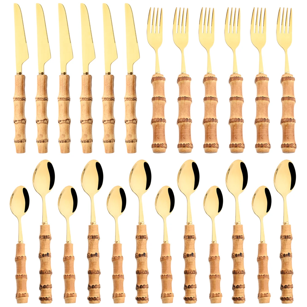 

16/24Pcs Stainless Steel Tableware Set Steak Knife Spoon Fork Dinnerware Set Bamboo Handle Cutlery Set Western Kitchen Flatware