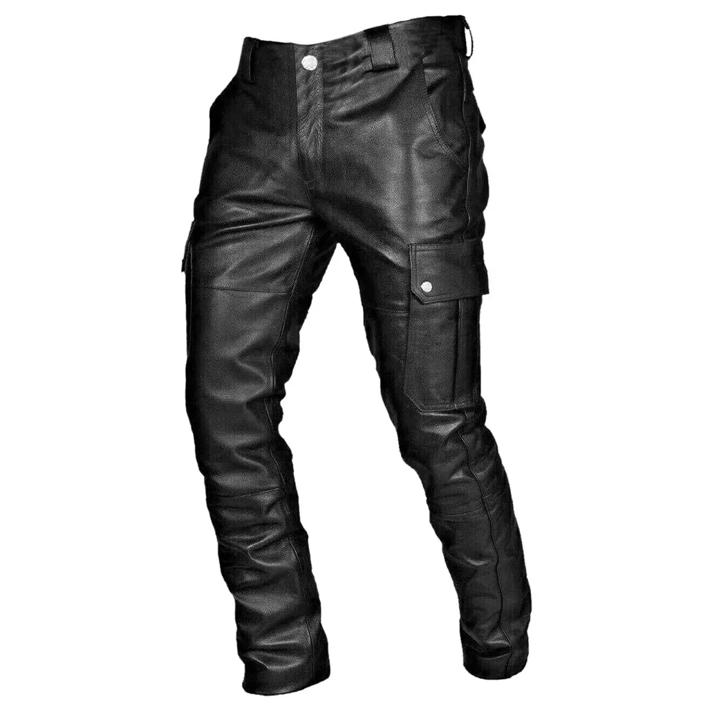 

Plus Size Men Leather Pants Gothic Black Elastic Slim Trousers Autumn Winter Multi-pocket Motorcycle Pants Streetwear S-5xl