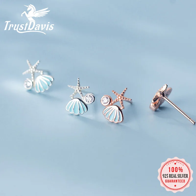 

TrustDavis Real 925 Sterling Silver Sweet Charm Shell Starfish CZ Stud Earrings For Women Wedding Birthday Fine Jewelry DA2154