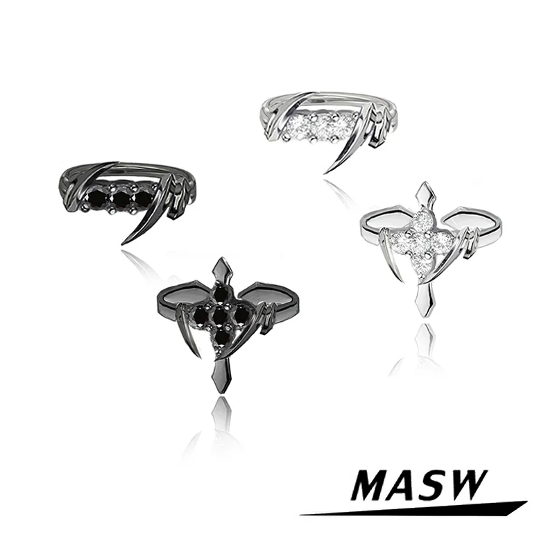

MASW Original Design Cool Hiphop Style High Quality Brass Glass Silver Color Black Cross Rings For Women Girl Jewelry 2023 New