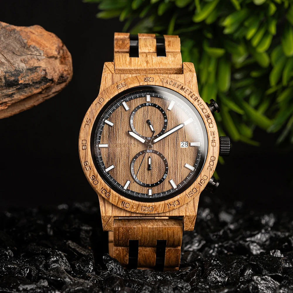 Мужские деревянные часы BOBO BIRD легкие и спортивные циферблат с хронографом