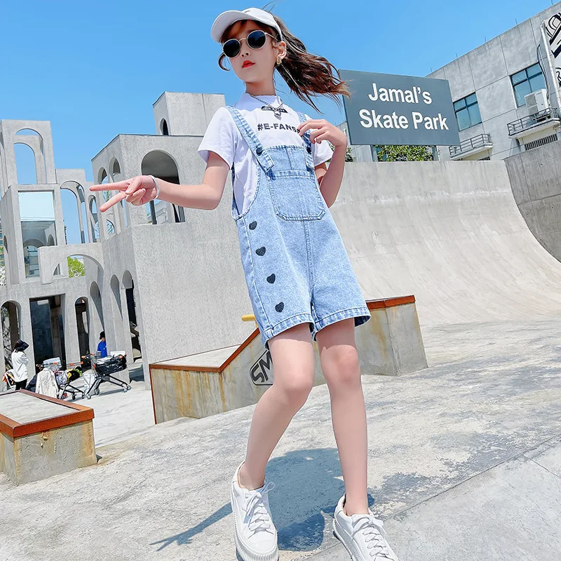 

Girls Summer Fashion Clothes Denim Bibs Kids Love Print Shorts Baby New Suspender Pants Brand Children's Clothing Blue Jeans