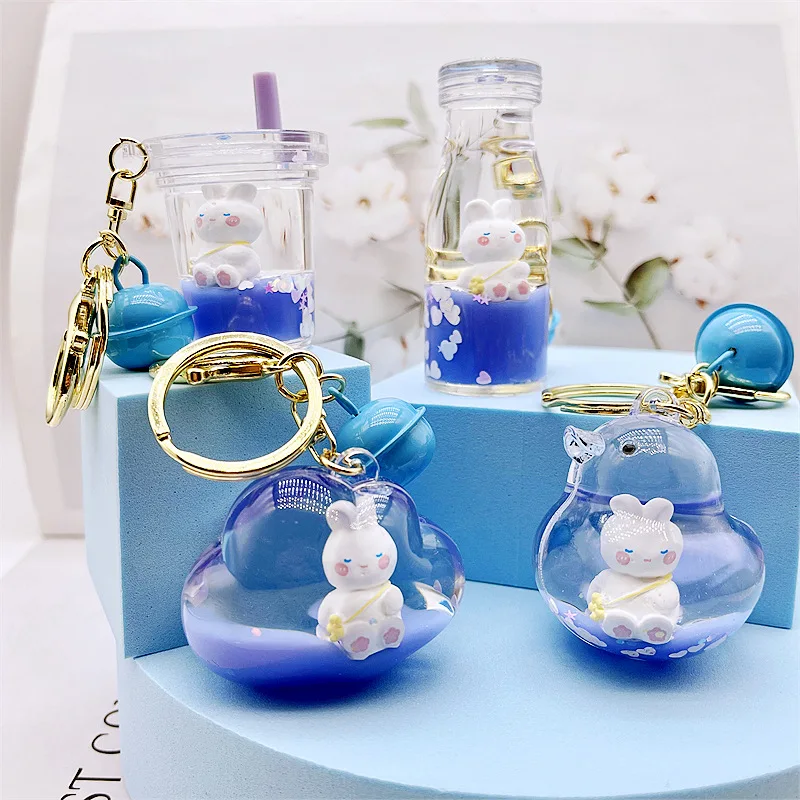 

Creative Liquid into the Oil Floating Haze Blue Moe Rabbit Keychain Fashion Girlfriends Accessories Cute Schoolbag Pendant Gift