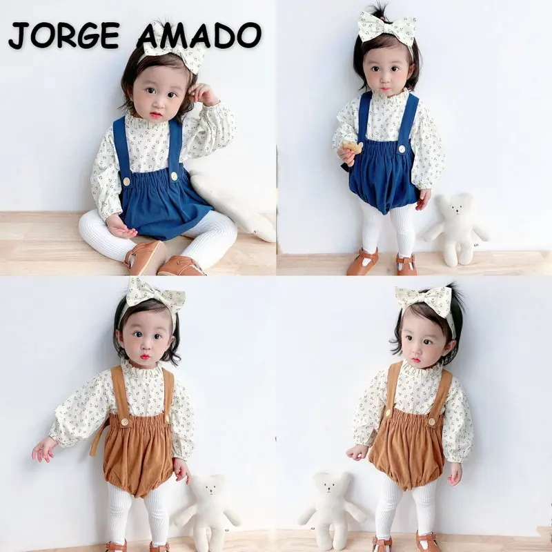 

Новинка, комплекты осенней одежды для маленьких девочек, синяя кофейная футболка с длинным рукавом и цветочным принтом, синее желтое боди на бретельках, Одежда для младенцев, E28033