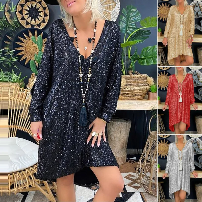 

Attractive Loose Dress Glitter Thin Solid Color Shiny Sequins Oversized Casual Dress Summer Korean Style Vintage Clothes платье