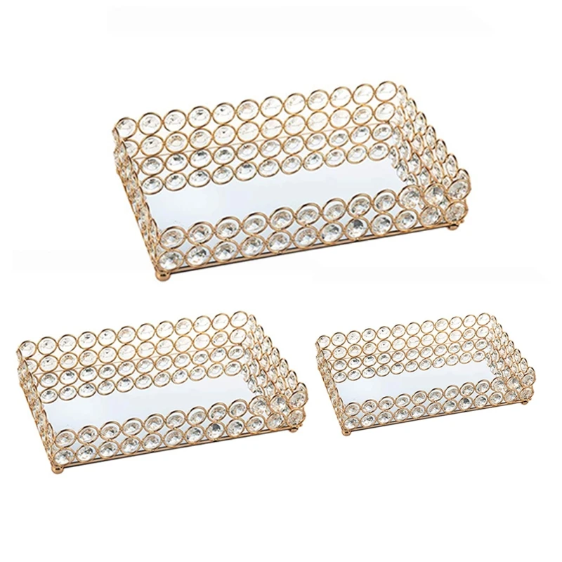 

Crystal Rectangle Mirrored Tray Cosmetic Vanity Tray Jewelry Organizer Tray Silver Decorative Tray for Wedding Home Decoration