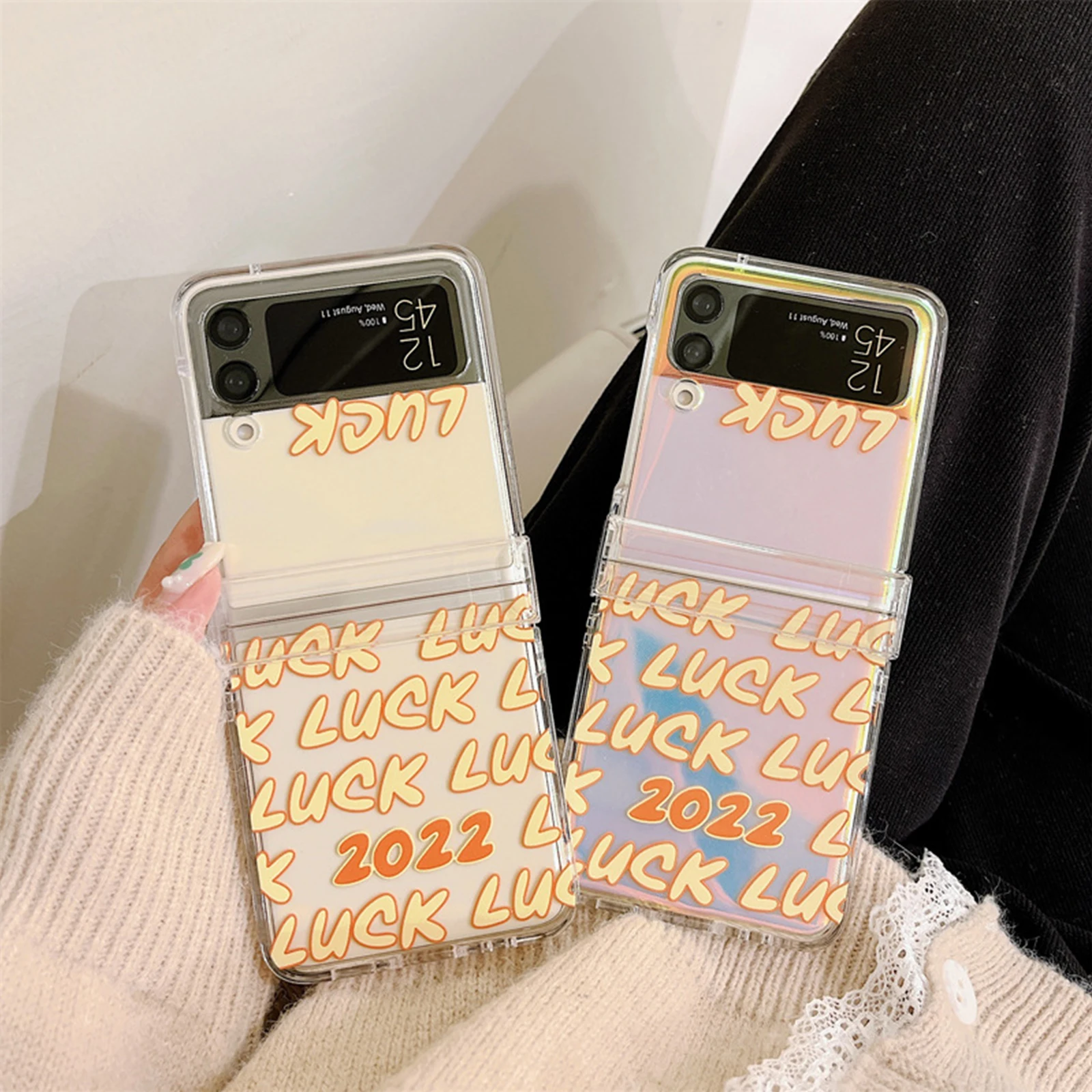 Милый чехол с надписью на удачу и лазерным рисунком для Samsung Galaxy Z Flip 3 |