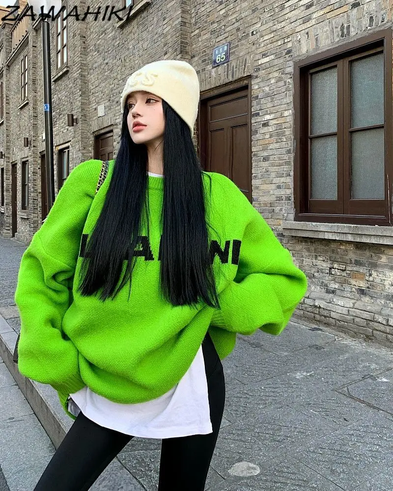 

Зеленый свободный винтажный шикарный темпераментный вязаный пуловер в Корейском стиле с буквенным длинным рукавом и круглым вырезом, повседневный минималистичный свитер на осень и зиму