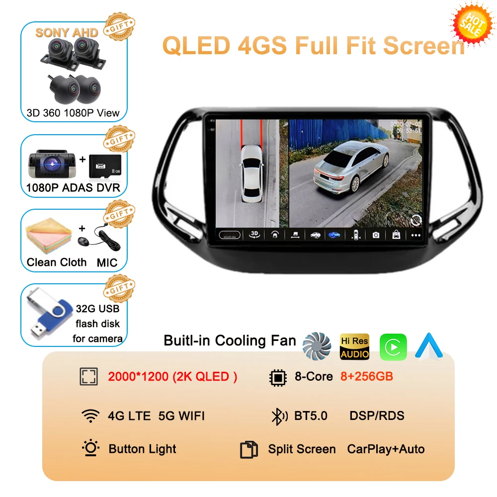 

Автомобильный радиоприемник Android 15 для Jeep Compass 2017 2018 2019, мультимедийный видеоплеер, GPS-навигация, стереосистема Carplay 360, камера WIFI