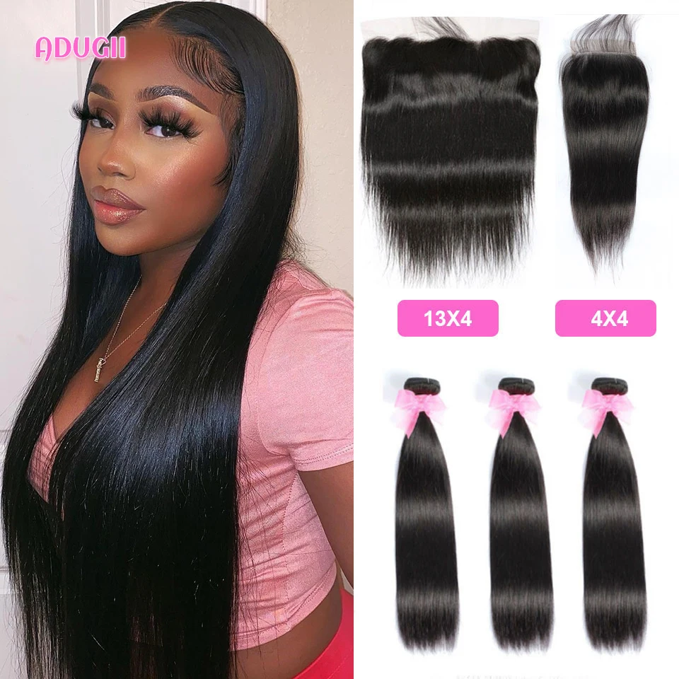 Straight Hair Bundles With Frontal Natural Color Human Hair Weaving With Closure Brazilian Hair With 13X4 Lace Hair Extensions