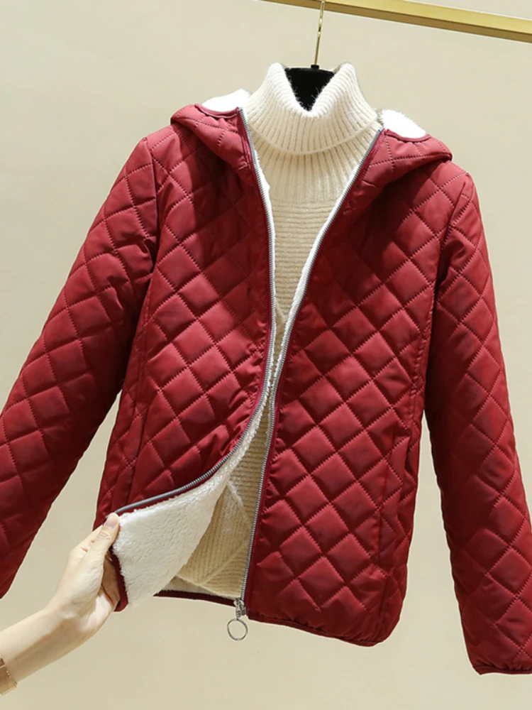 Winter Women's Clothing 2023 Fashion New Metal Zipper Hooded Plaid Cotton Coat Women's Thickened Stand Collar Jacket Coat Thick