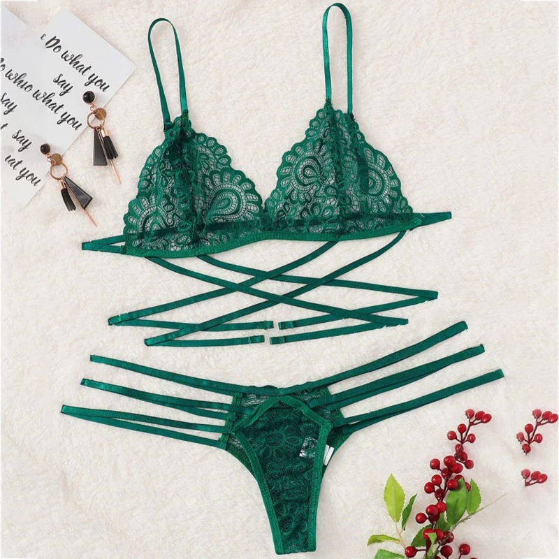

Sexy Lingerie Bra Set Women Green Sexy Lace Sling Bra Thong Set Bandage Underwear Sleepwear Lingerie Sets