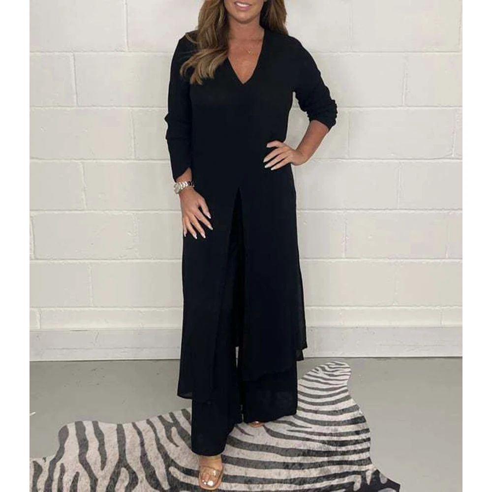 Summer Women Casual V Neck Long Sleeve Extra-Long Top & Wide Leg Pants Set Femme Hem High Split Two Pieces Set Workwear Outfits