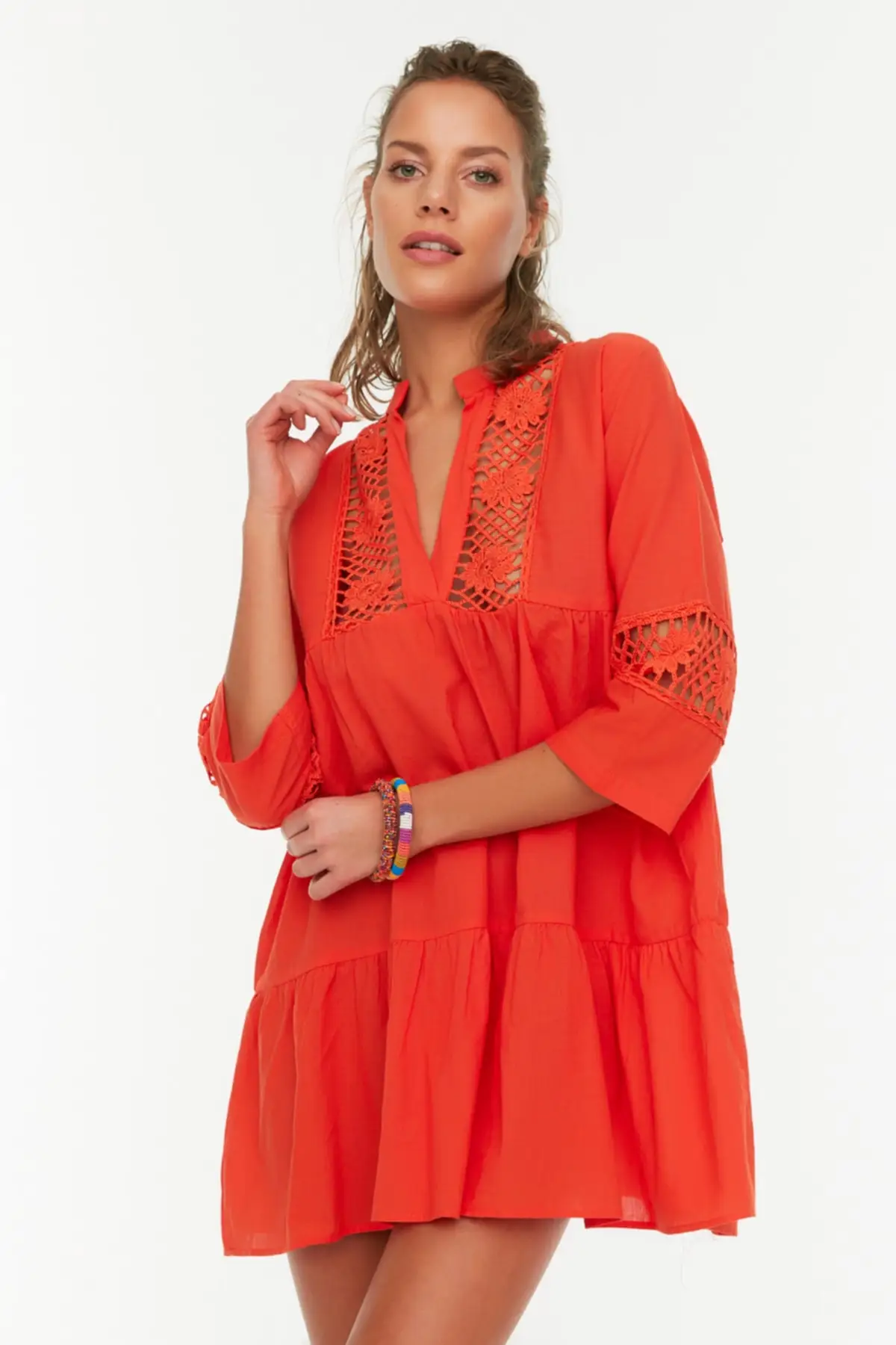 

Red Lacy Visual Beach Dress TBESS20EL0854 Woven Plain Regular V-Neck Mini Standard Sleeve 3/4 Sleeve Skater