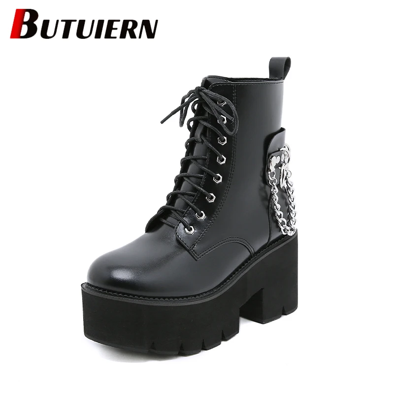 

Winter Short Boots Women's Fashion Chain Trend with High Heels Front Lace-Up Thick Sole Leather Calcados Feminino Confortavel
