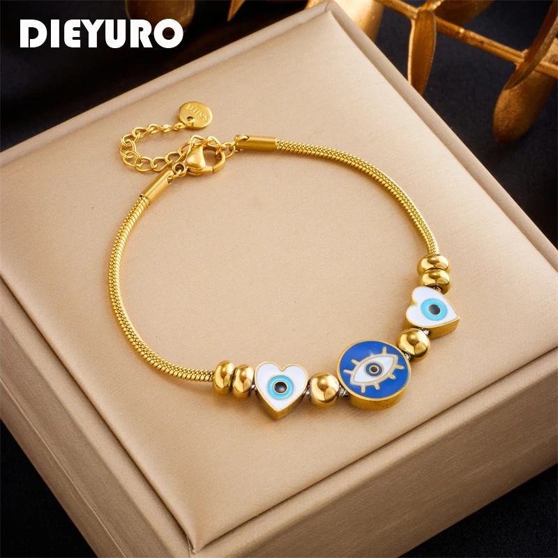 

DIEYURO 316L Stainless Steel Round Heart Eyes Charm Bracelet For Women Girl New Trend Beaded Chain Bangles Jewelry Gift Party