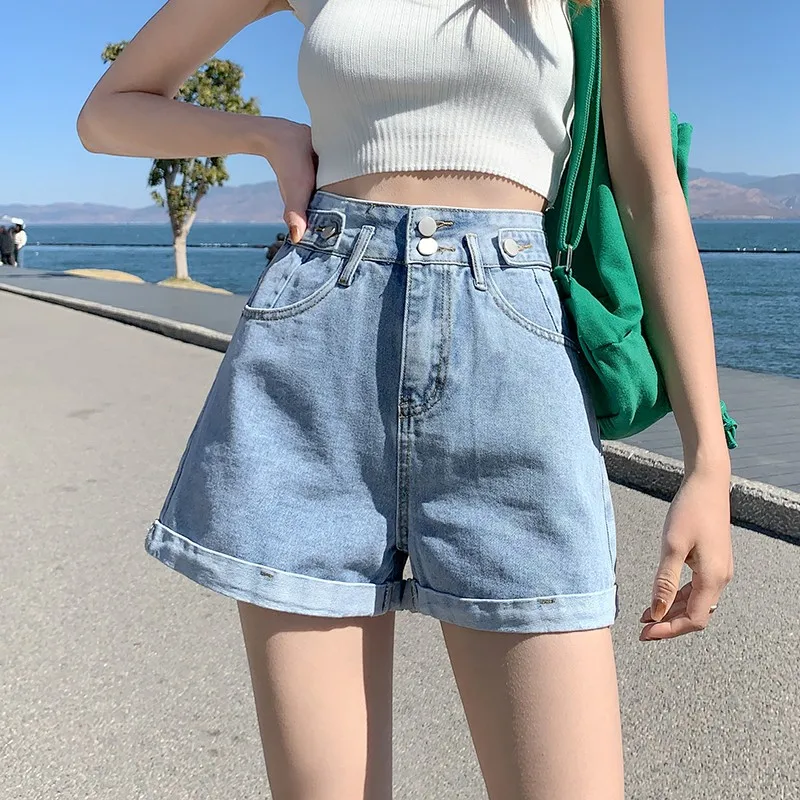 2022 Summer Loose Double Button Wide Leg Denim Shorts Women