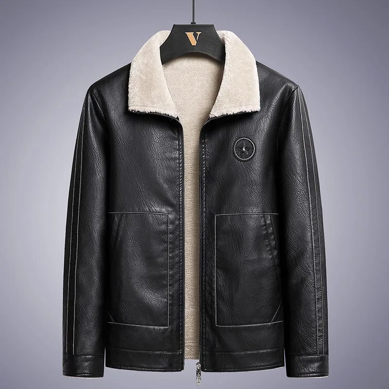 2022 Men's New Casual Fleece Warm Leather Jacket Plus Velvet Thick Warm Jacket Plus Size Winter Warm Wool Lapel Fur Jacket