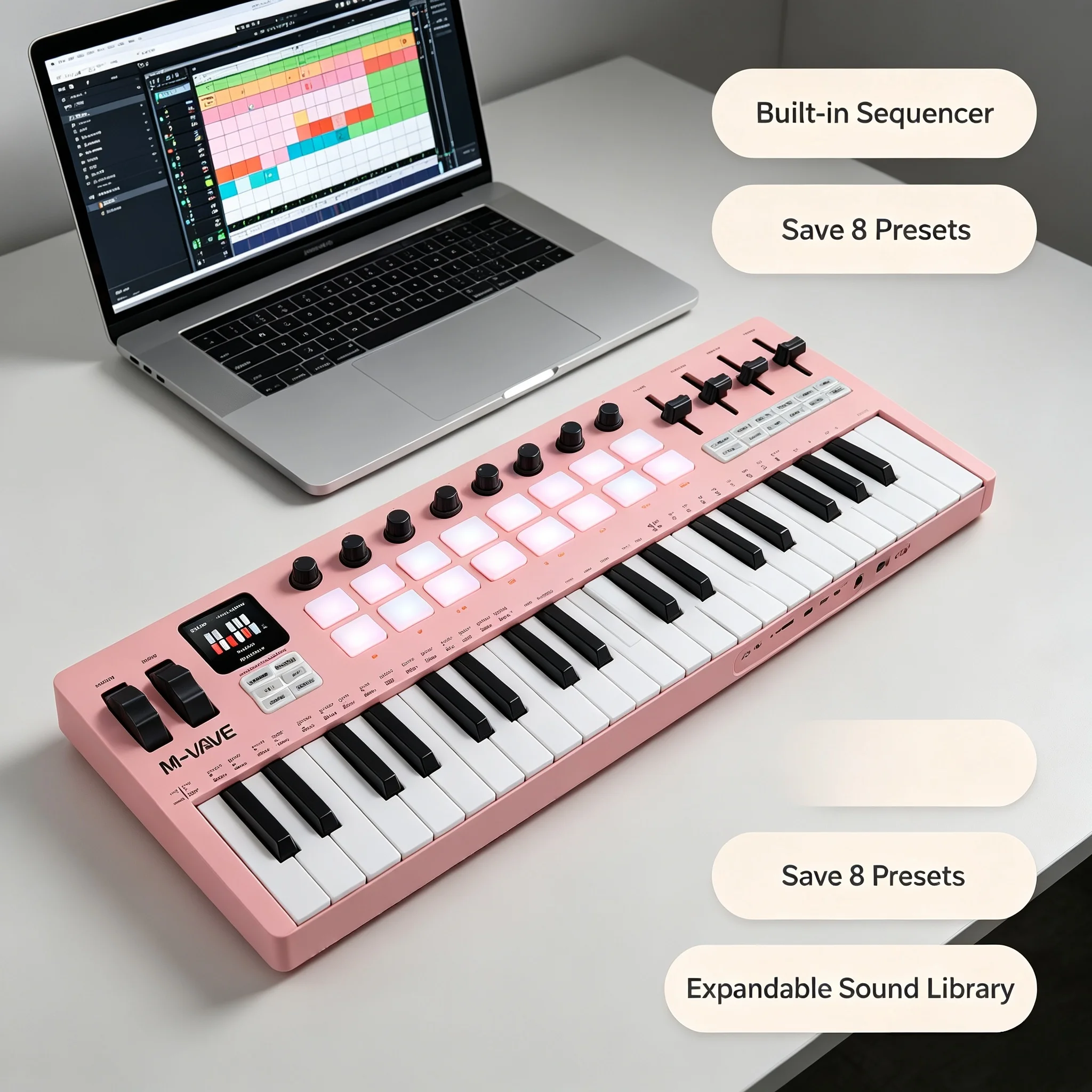 Фото M-VAVE SMK-37 PRO 37-клавишная портативная MIDI-клавиатура с 16 RGB-пэдами, 8 регуляторами, FM-модулем DX-7 и Bluetooth 5.0 №2