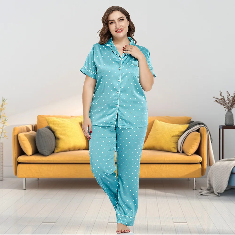 Women's European and American Large Size Ice Silk Cardigan Pajamas Ladies Homewear Lapel Short Sleeve Pants Two Piece Suit