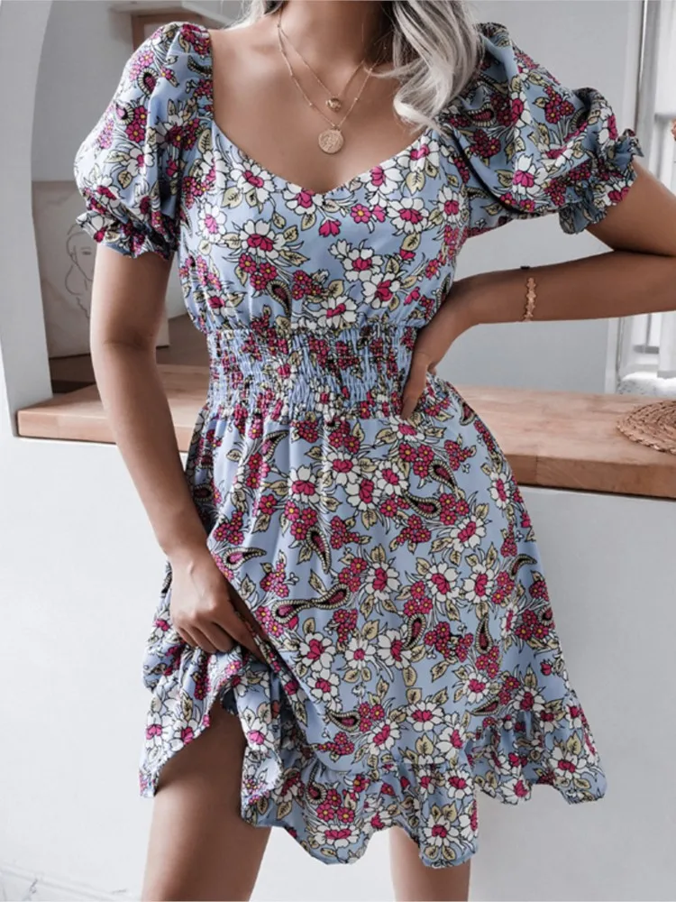 

Floral Print Party Dress Women 2023 Summer Ruffles Elegant V-Neck Puff Sleeve Elastic Waist Dresses Boho Beach Evening Vestidos