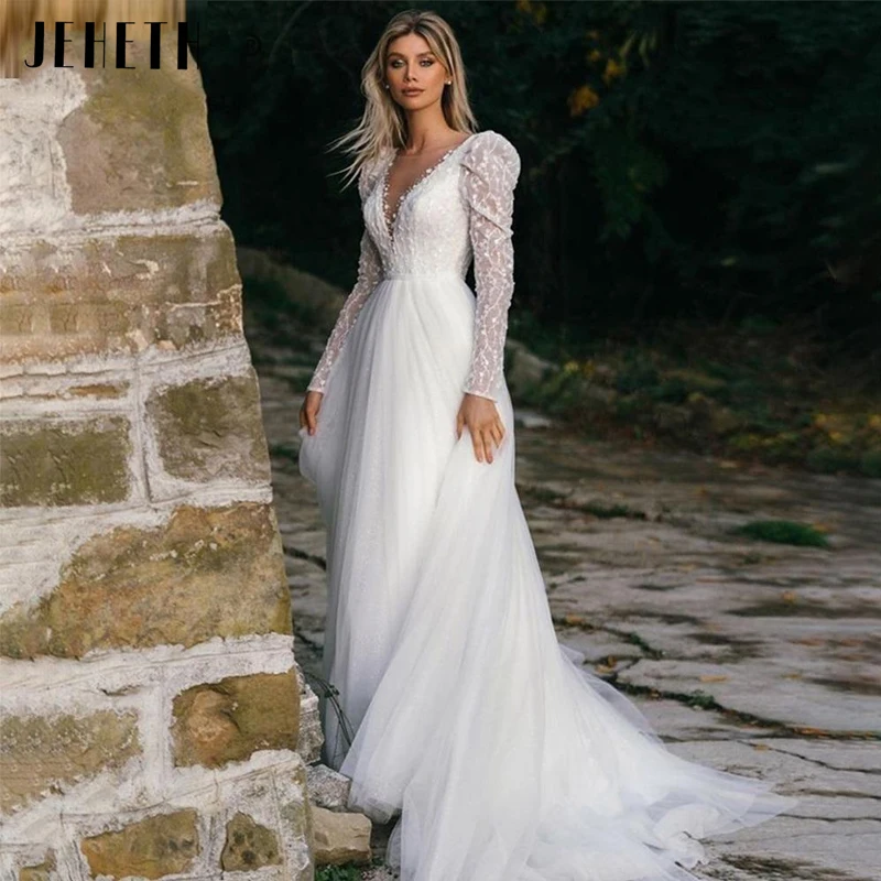 

JEHETH Illusion Back Tulle Wedding Dresses Appliques Lace Long Sleeves Princess Bridal Gowns Sexy V-Neck A-Line vestido de noiva