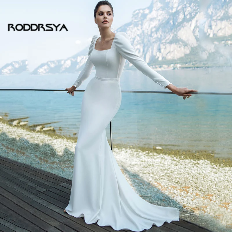 Скромное атласное свадебное платье-Русалка с длинным рукавом 2022 квадратным