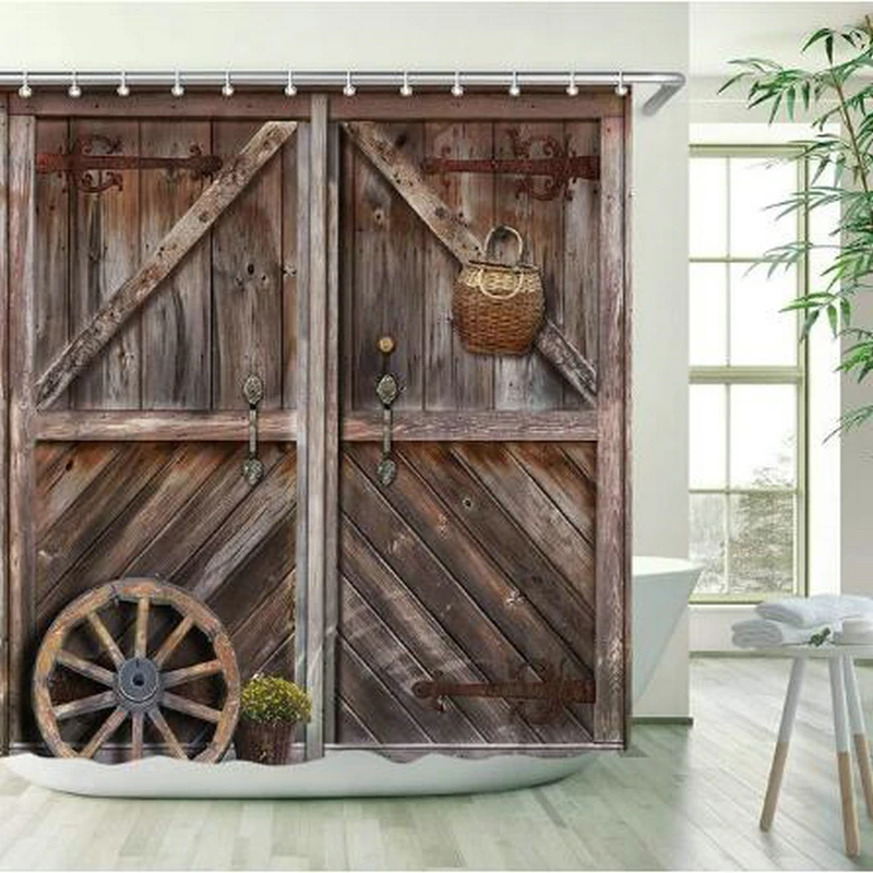 

Деревенская деревянная занавеска для ванной комнаты, занавеска для душа в западном стиле, винтажная сельская ферма, дверь, занавеска для ва...