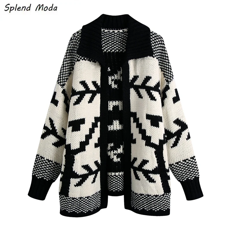 

Splend Moda Autumn Winter New Fashion Vintage Casual Jacquard Turn Down Collar Open Stitch Loose Sweater Knitted Cardigan Women