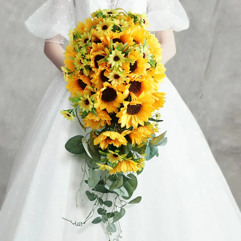 

Elegant Waterfall Wedding Bouquet Flowers 55cm Length Golden Sunflower Artificial Bridal Bouquets Women Bouquet De Mariage