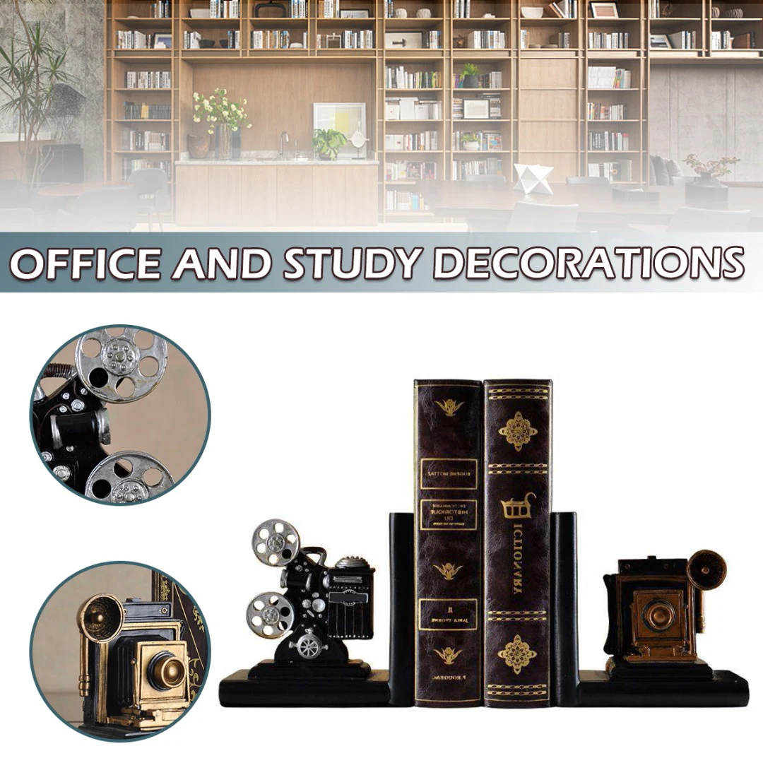 

1pair Retro Camera Bookends Movie Film Projector Resin Vintage Creative Bookcase Office Home Library Bookshelf Decoration