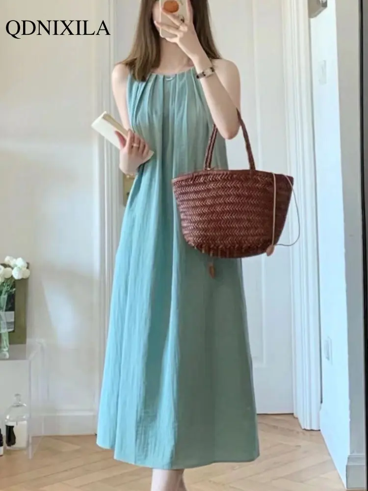 

2023 Women's Summer New In Dresses Korean Fashion Backless Holiday Camisole Sleeveless Dress Beach Elegant Loose Long Dress