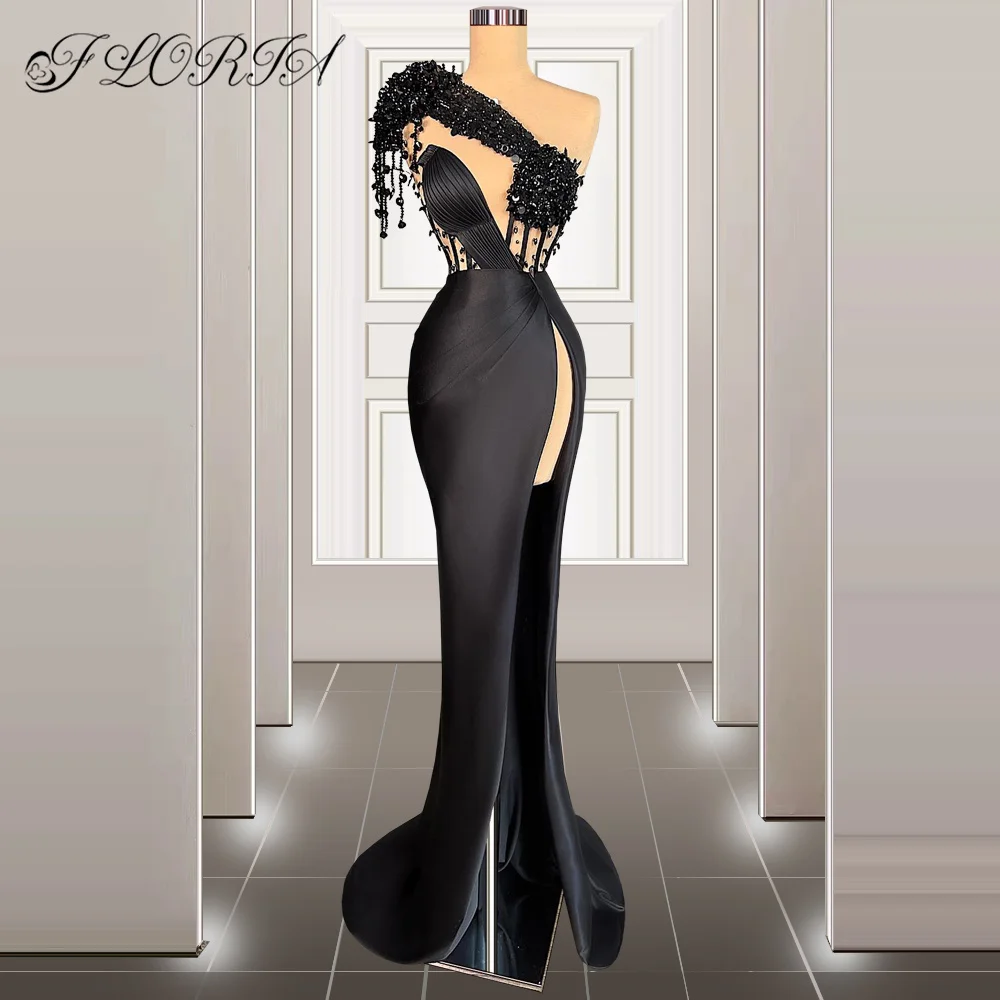 

One Shoulder Beaded Tassel Evening Dress High Slit Black Satin Formal Occasion Gowns Long Prom Dress Vestidos de Fiesta Party