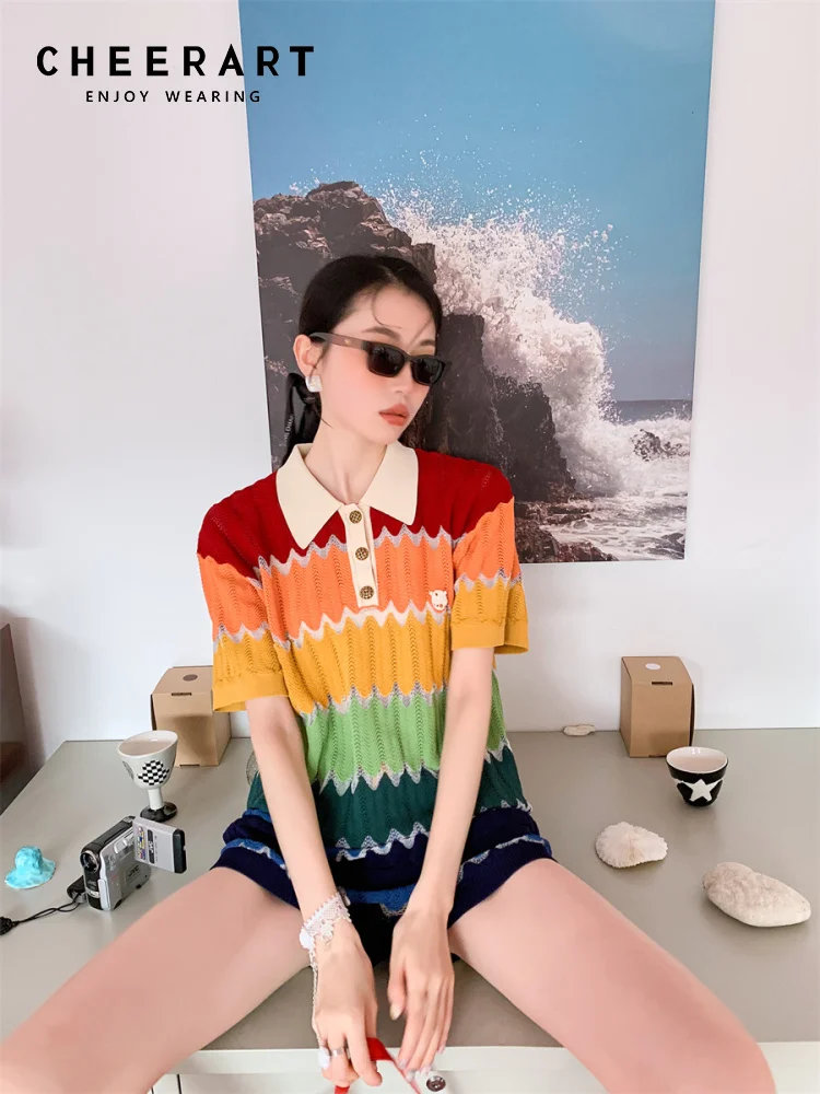 CHEERART Rainbow Knitted Short Two Piece Sets Womens Outifits Summer 2022 High Fashion Top And Short Matching Set Clothing