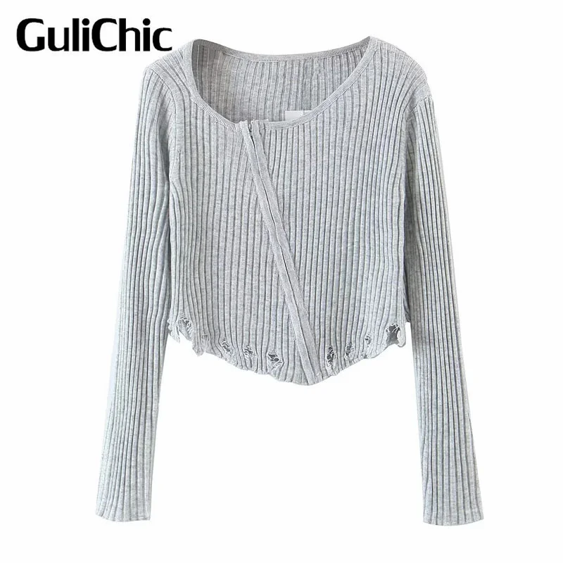 

8.6 GuliChic Women Solid Color Fashion Irregularity Hem Zipper Long Sleeve Short Casual Sweater Cardigan
