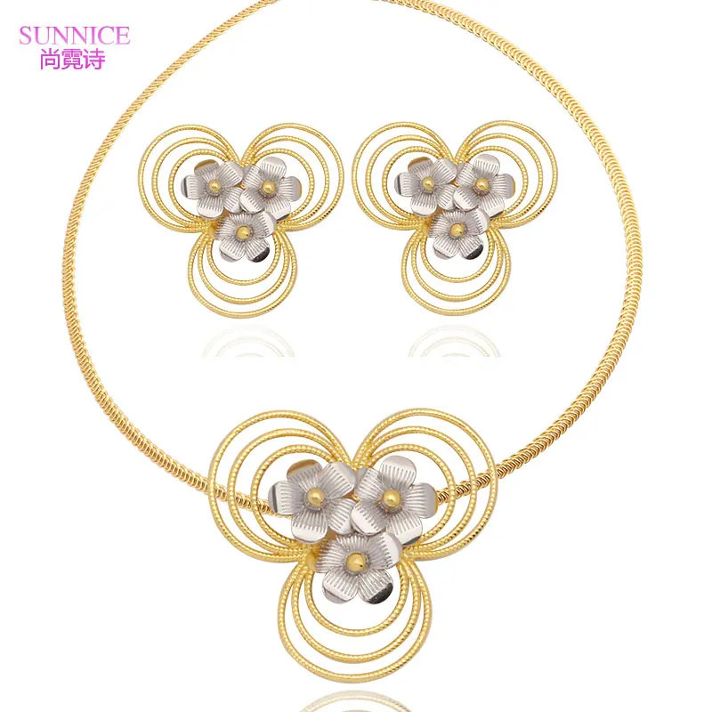 

Dubai 18k Gold Silver Bicolor Jewelry Set for Women Flowers Stud Earrings Wedding Jewellery Sets Necklace and Earrings African