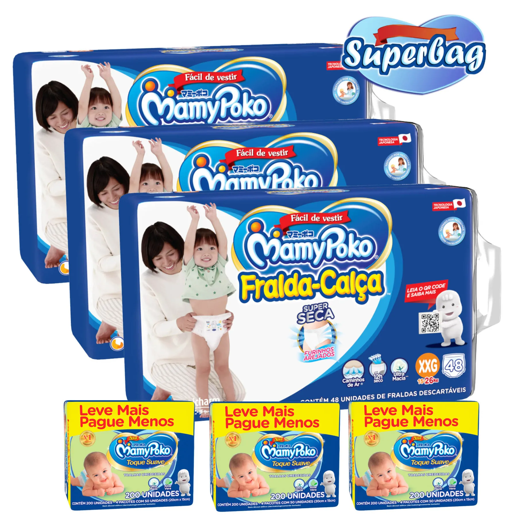 

Kit 03 Super Bag BOTTLE DOWN Disposable Mamypoko XXG -144 Units + 600 Moistened Wipes