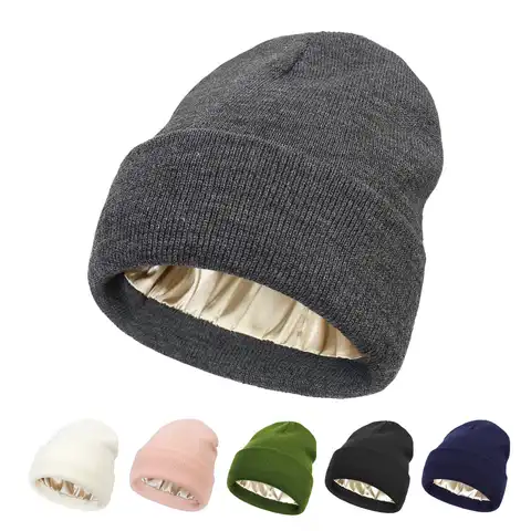Зимняя Вязаная Шапка-бини с шелковой атласной подкладкой, шапки для женщин, крупная шапка, Теплая Шапка-бини