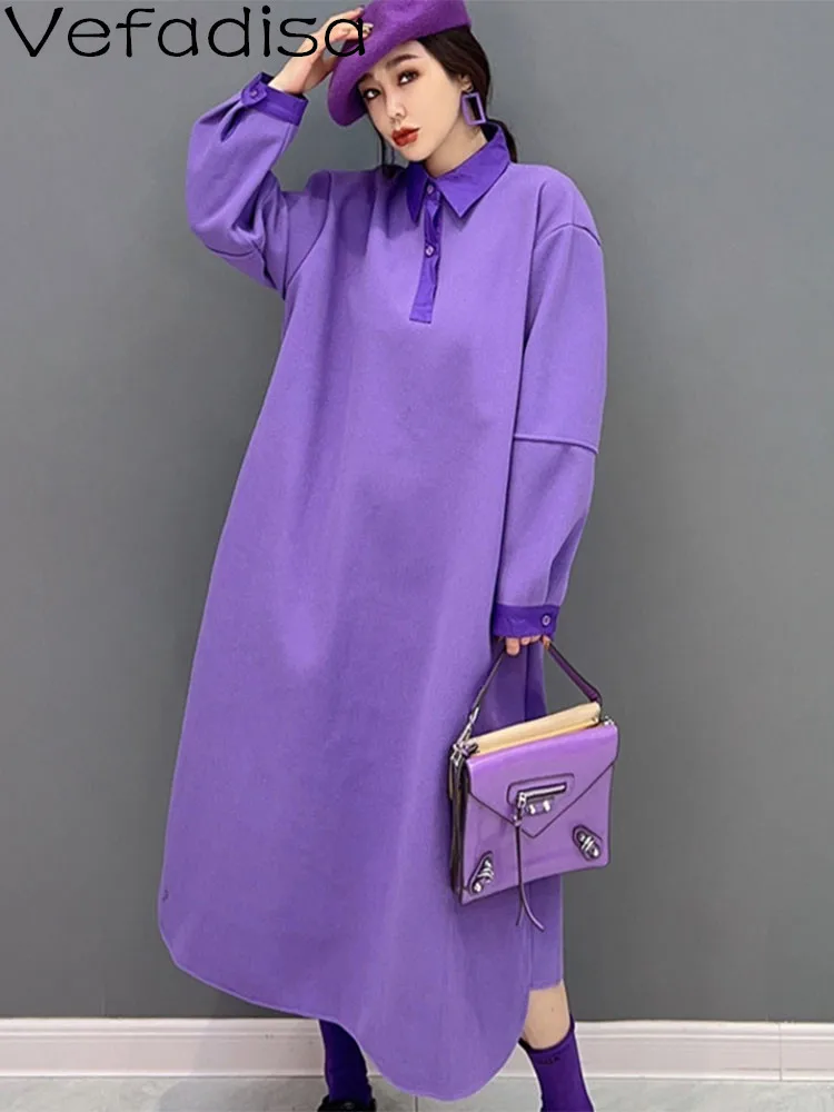 

Vefadisa 2023 Spring Autumn POLO Collar Pullover Dress Loose Mid-length Leisure Age Reduction Dress Purple Women's LHX3279