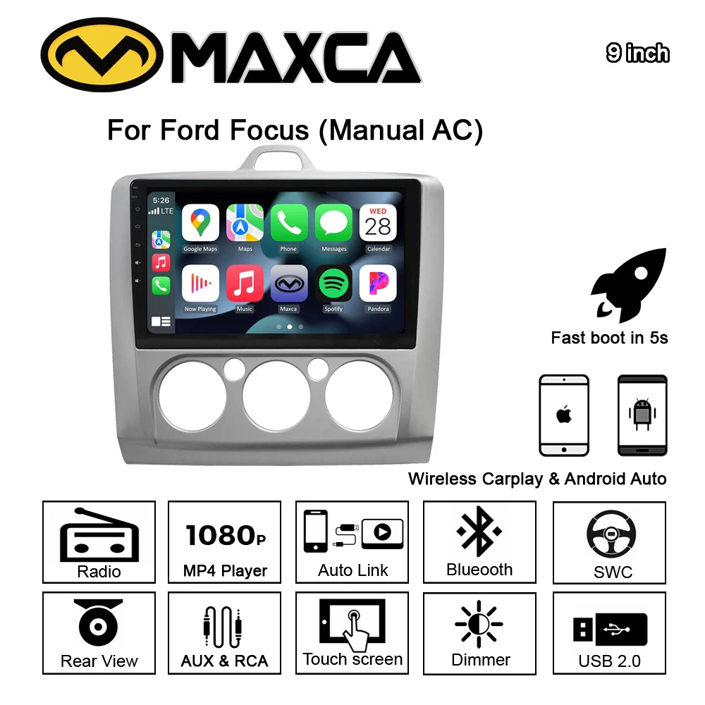 MAXCA 9-дюймовый 2 din беспроводной Carplay Android авто радио для Ford Focus OEM подходит
