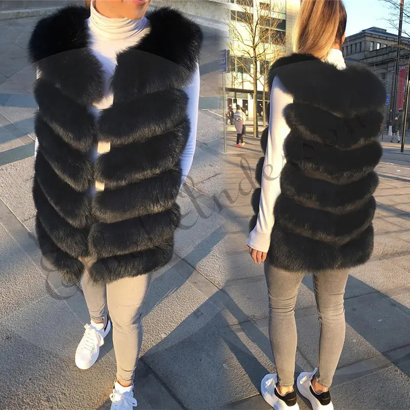 Winter Real Fox Fur Vest Women's Natural Genuine Leather Long Warm Vest Solid Soft Gilets Ladies Casual Full Pelt Waistcoat