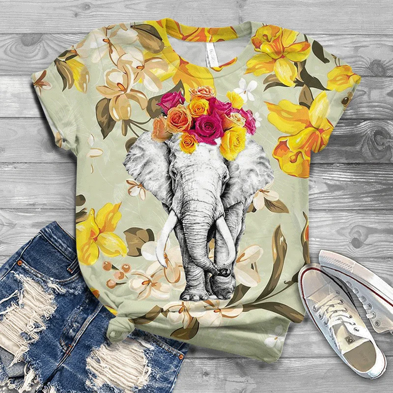 

2022 Ladies Casual Harajuku Fashion T Shirts Elephant Print Loose O Neck Short Sleeve Shirts Summer Streetwear T Shirts